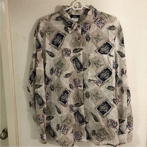Preowned Tapestry Women Artsy Abstract Button Up Shirt SZ XL Beige Leaf Preppy